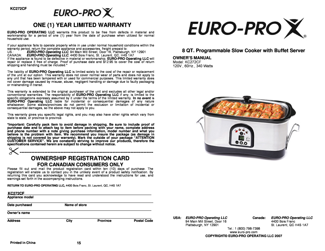 Euro-Pro KC272CF owner manual ONE 1 YEAR LIMITED WARRANTY, Ownership Registration Card, For Canadian Consumers Only 