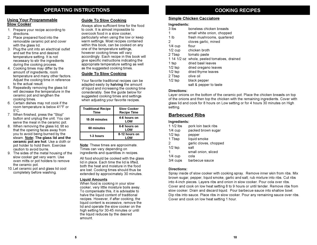 Euro-Pro KC275 Operating Instructions Cooking Recipes, Using Your Programmable Slow Cooker, Guide To Slow Cooking 