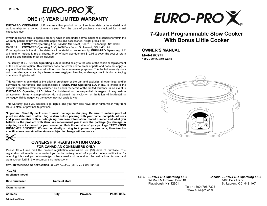 Euro-Pro owner manual Ownership Registration Card, For Canadian Consumers Only, Model KC275, Main Mill Street, Door 
