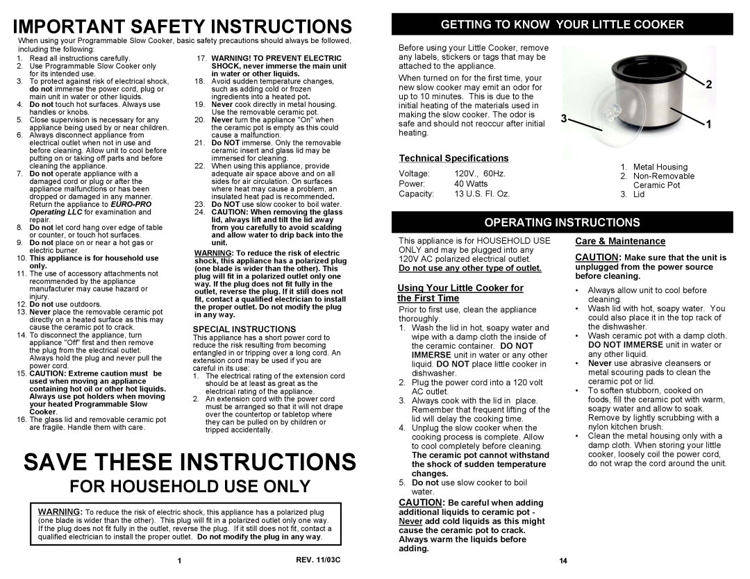 Euro-Pro KC275 Getting To Know Your Little Cooker, Operating Instructions, Technical Specifications, Care & Maintenance 