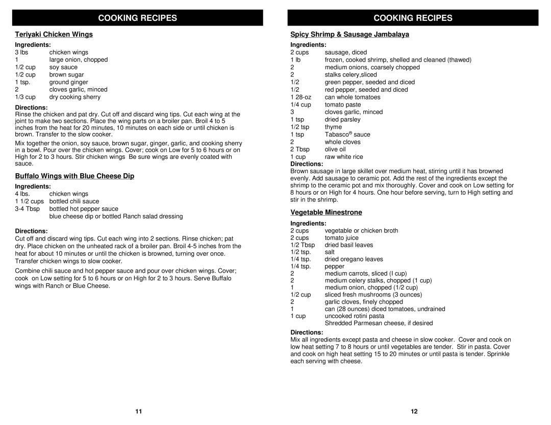 Euro-Pro KC275W owner manual Teriyaki Chicken Wings, Buffalo Wings with Blue Cheese Dip, Spicy Shrimp & Sausage Jambalaya 