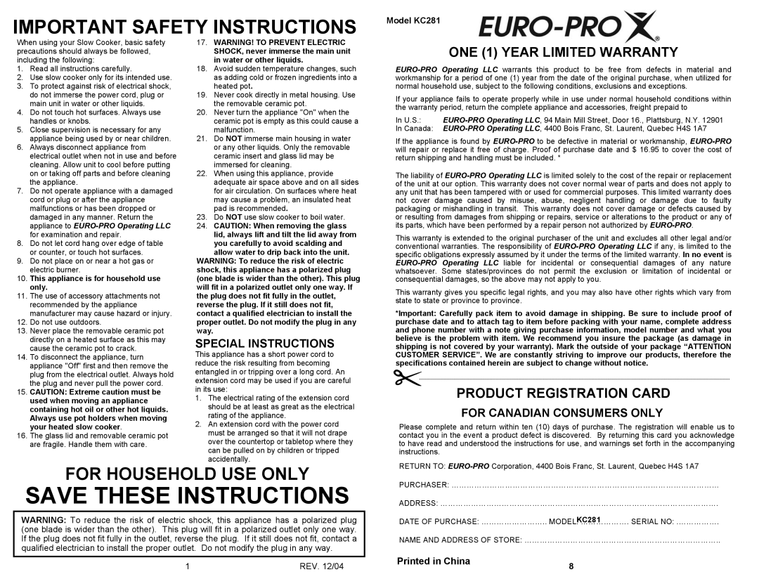 Euro-Pro KC281 ONE 1 YEAR LIMITED WARRANTY, Product Registration Card, Special Instructions, For Canadian Consumers Only 