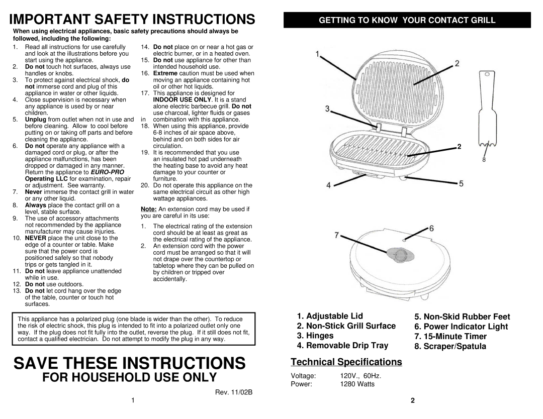 Euro-Pro KG845E owner manual Important Safety Instructions, Getting to Know Your Contact Grill 