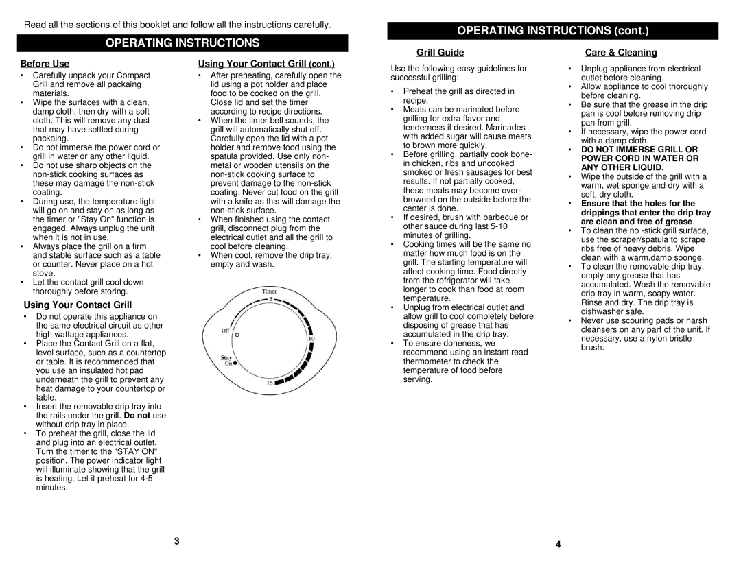 Euro-Pro KG845E owner manual Operating Instructions, Grill Guide Care & Cleaning Before Use, Using Your Contact Grill 