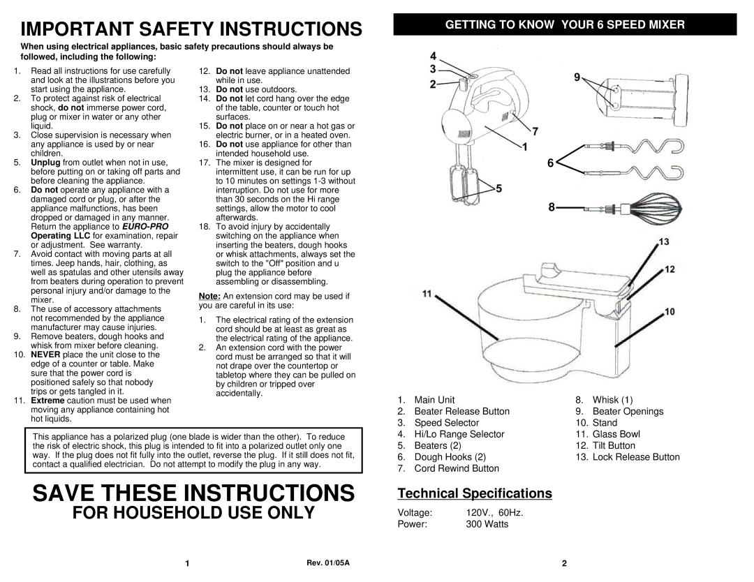 Euro-Pro KM550E owner manual Important Safety Instructions, Getting to Know Your 6 Speed Mixer 