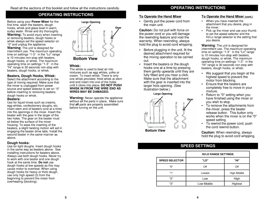 Euro-Pro KM550E owner manual Operating Instructions, Speed Settings 