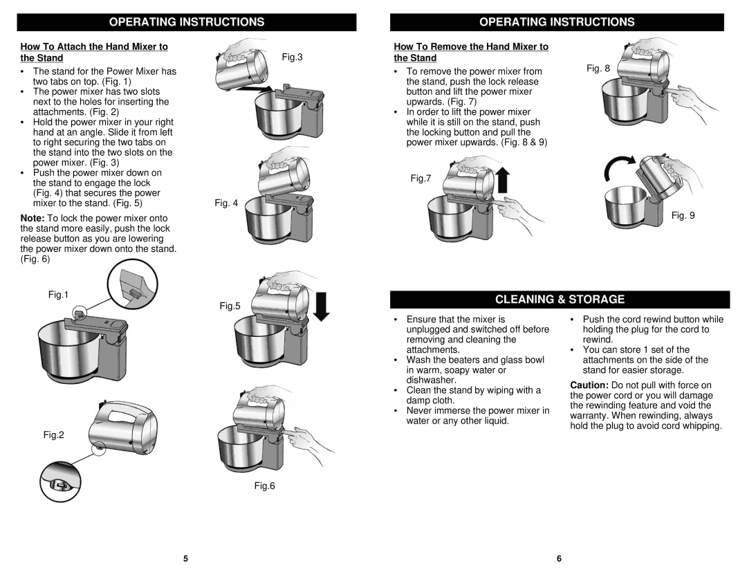 Euro-Pro KM550E Cleaning & Storage, How To Attach the Hand Mixer to Stand, How To Remove the Hand Mixer to Stand 