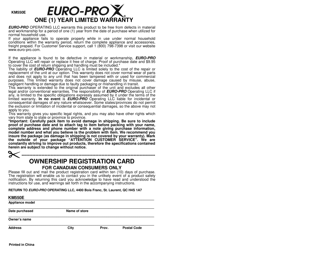 Euro-Pro KM550E owner manual ONE 1 Year Limited Warranty 