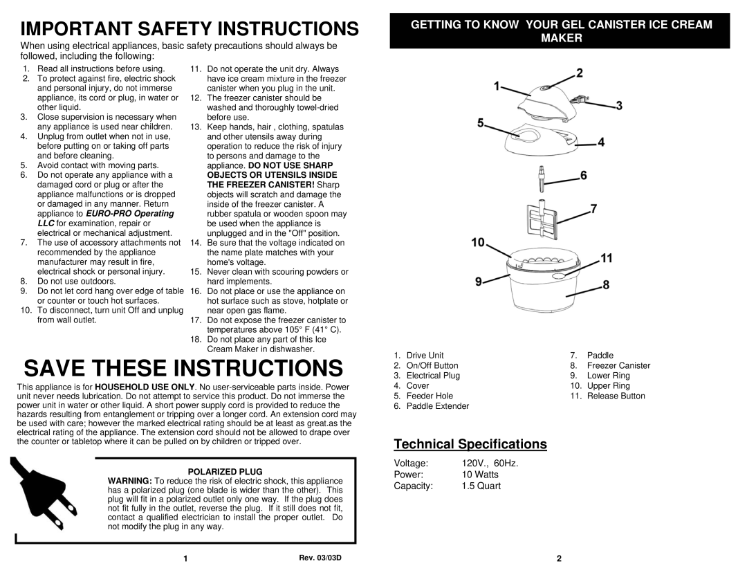 Euro-Pro KP160E owner manual Important Safety Instructions, Getting to Know Your GEL Canister ICE Cream Maker 