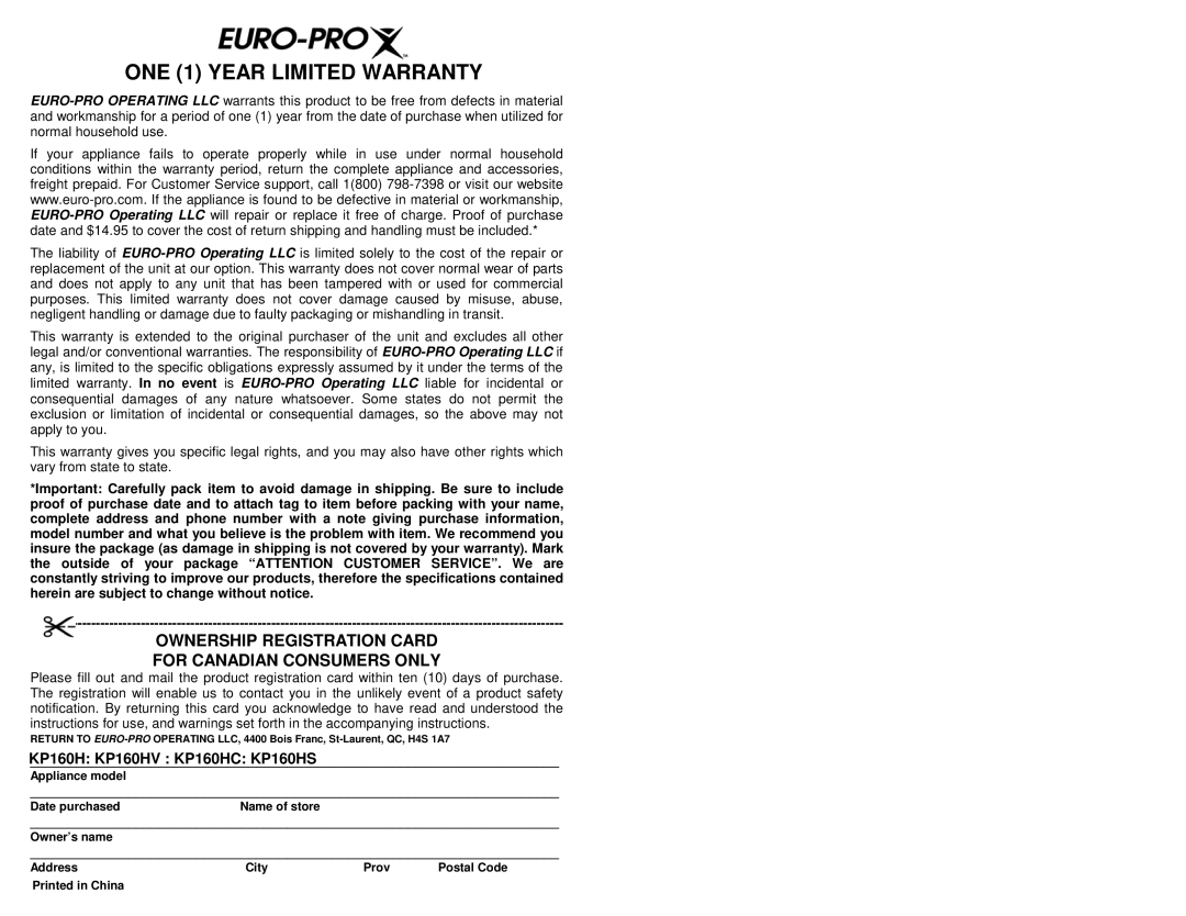 Euro-Pro owner manual ONE 1 YEAR LIMITED WARRANTY, KP160H KP160HV KP160HC KP160HS, Ownership Registration Card 