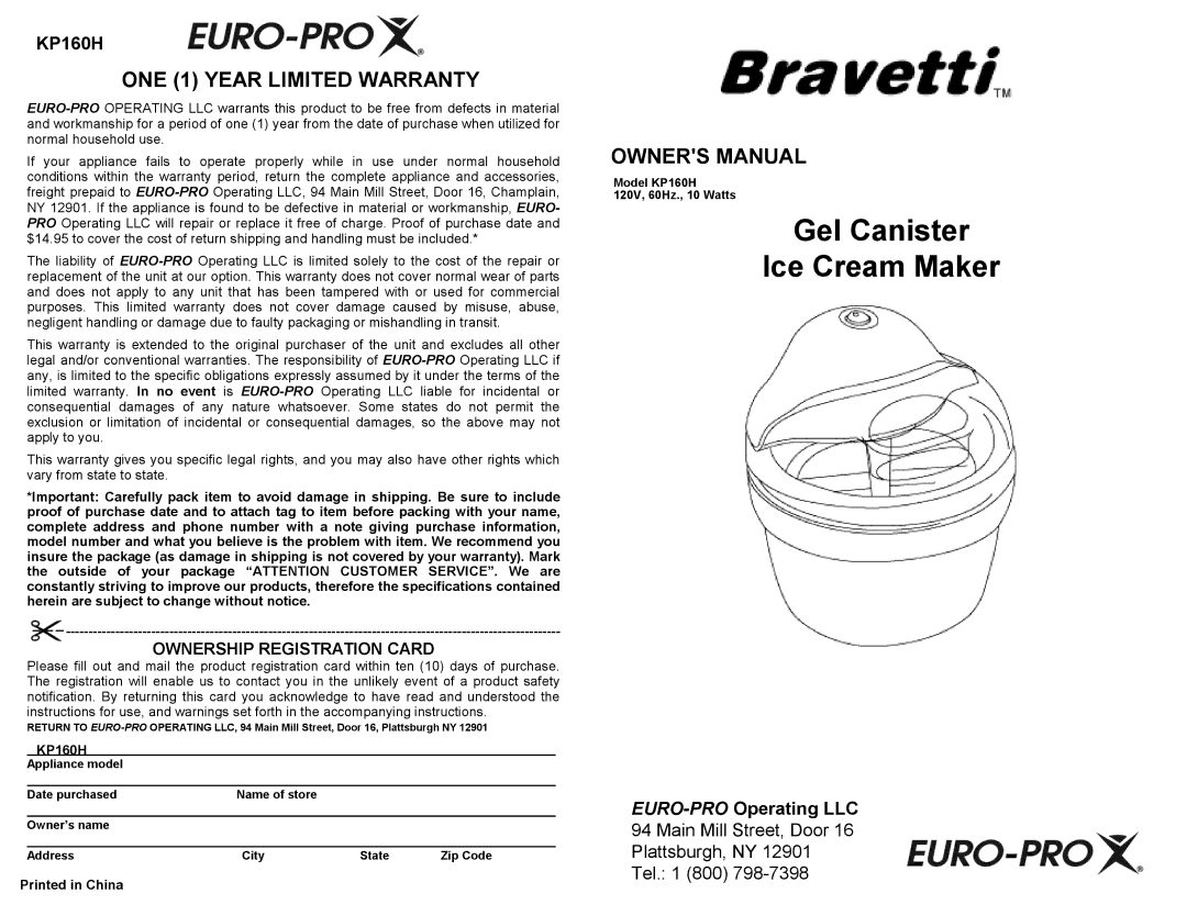 Euro-Pro KP160H owner manual ONE 1 Year Limited Warranty 