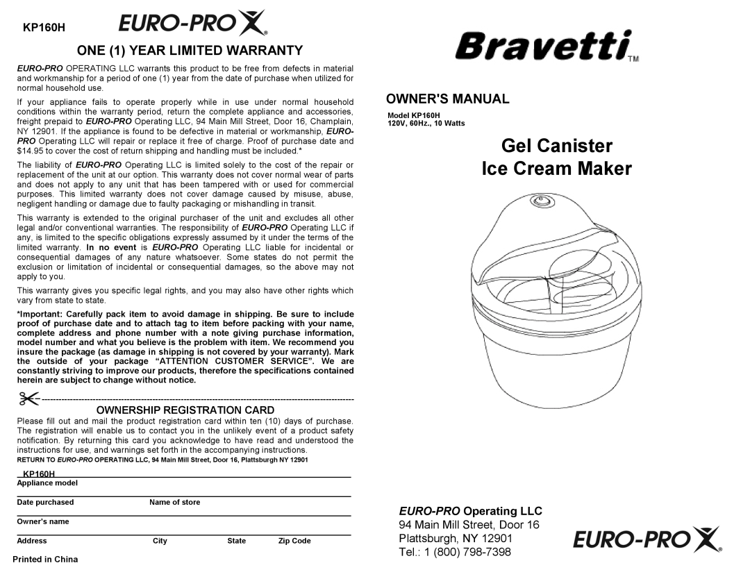 Euro-Pro KP160H owner manual Gel Canister Ice Cream Maker, ONE 1 YEAR LIMITED WARRANTY, EURO-PRO Operating LLC, Tel 