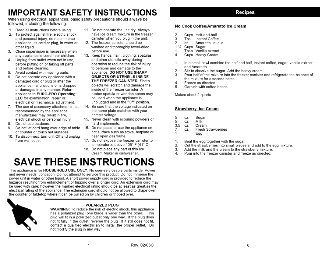 Euro-Pro KP160H Important Safety Instructions, Recipes, No Cook Coffee/Amaretto Ice Cream, Strawberry Ice Cream 