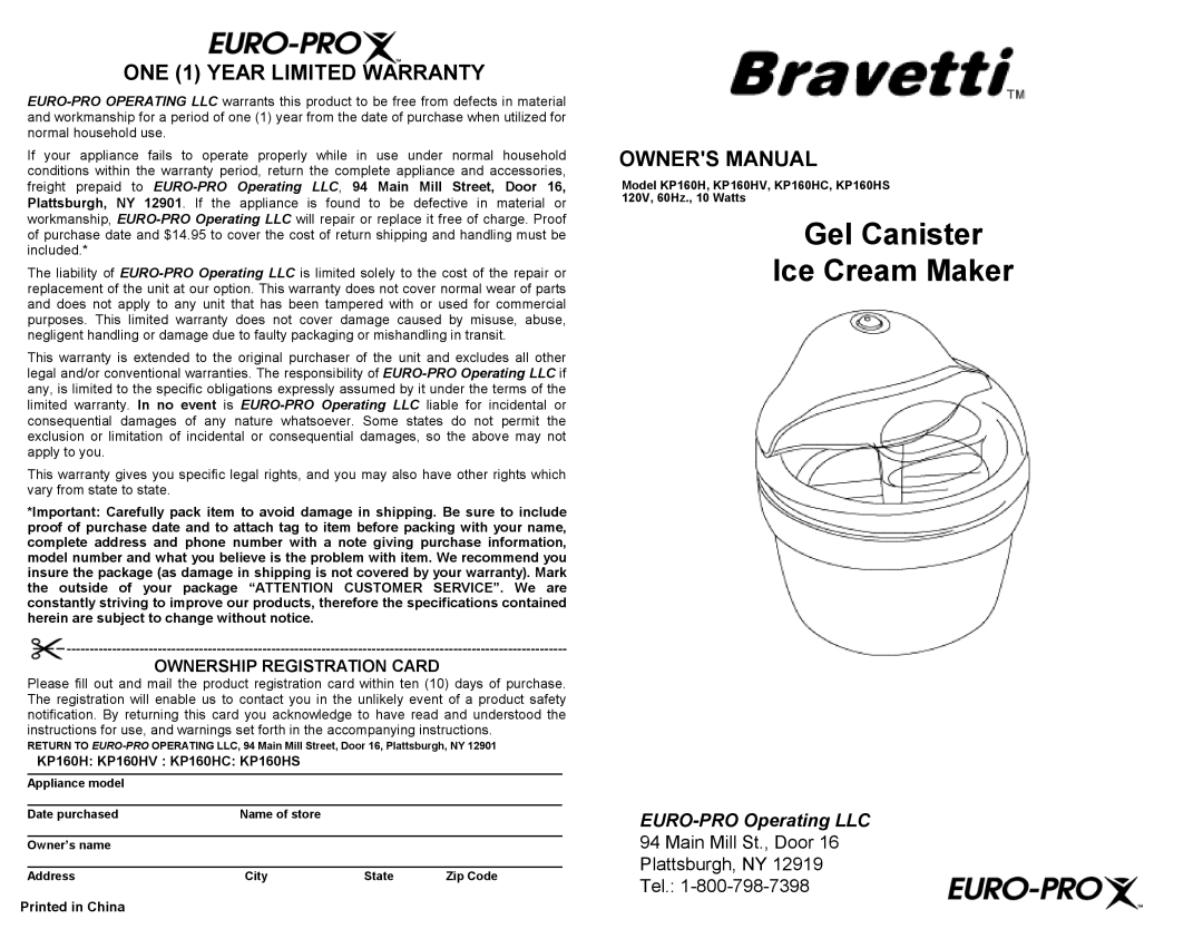 Euro-Pro KP160HC, KP160HV owner manual Gel Canister Ice Cream Maker, ONE 1 YEAR LIMITED WARRANTY, EURO-PROOperating LLC 