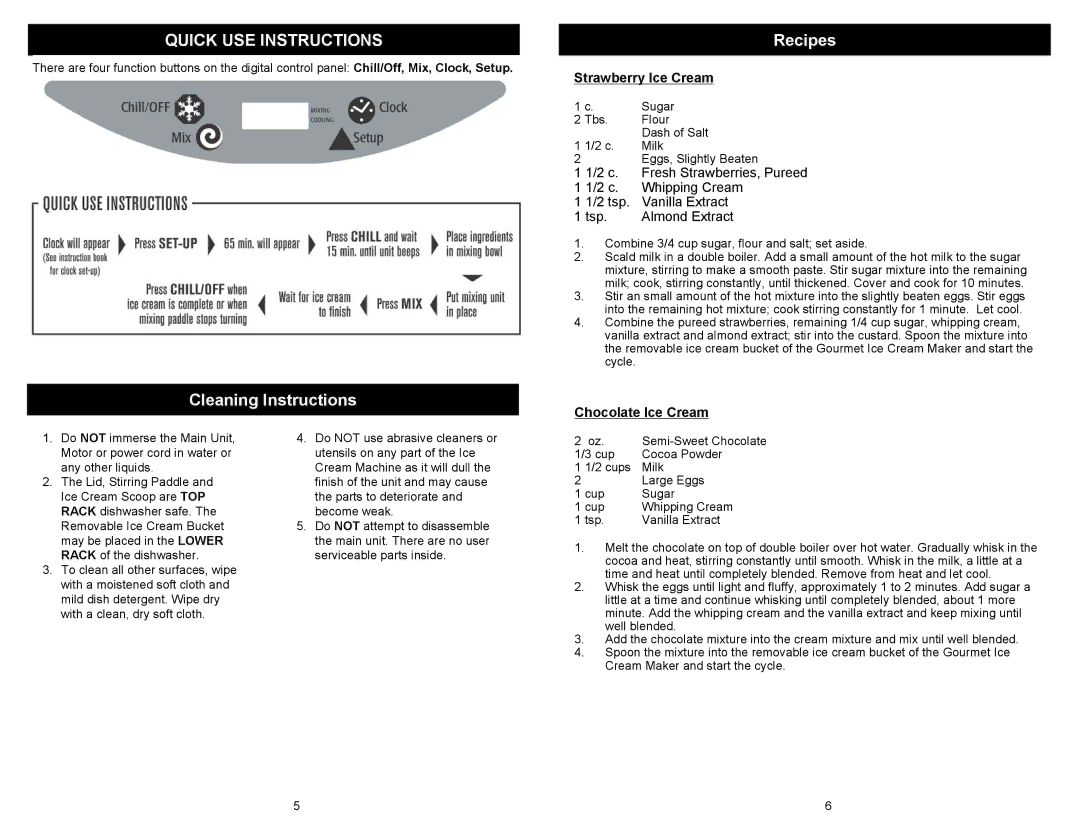 Euro-Pro KP170E Quick USE Instructions, Cleaning Instructions Recipes, Strawberry Ice Cream, Chocolate Ice Cream 