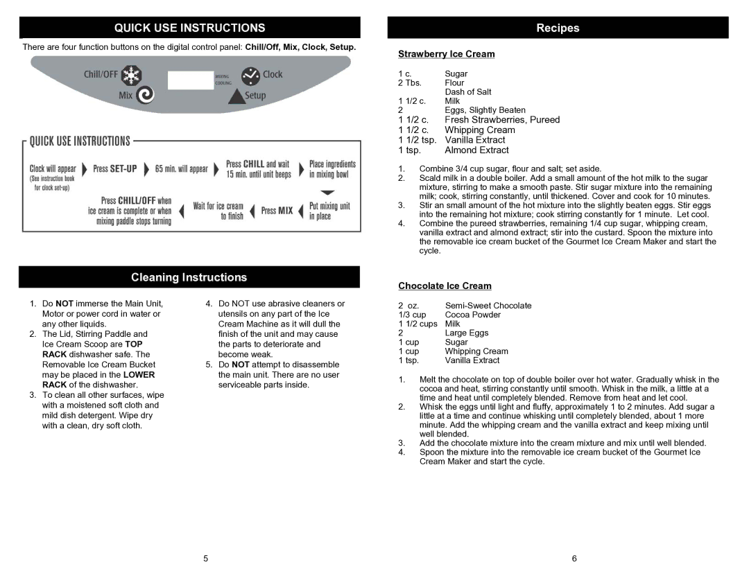 Euro-Pro KP170E Quick USE Instructions, Cleaning Instructions Recipes, Strawberry Ice Cream, Chocolate Ice Cream 