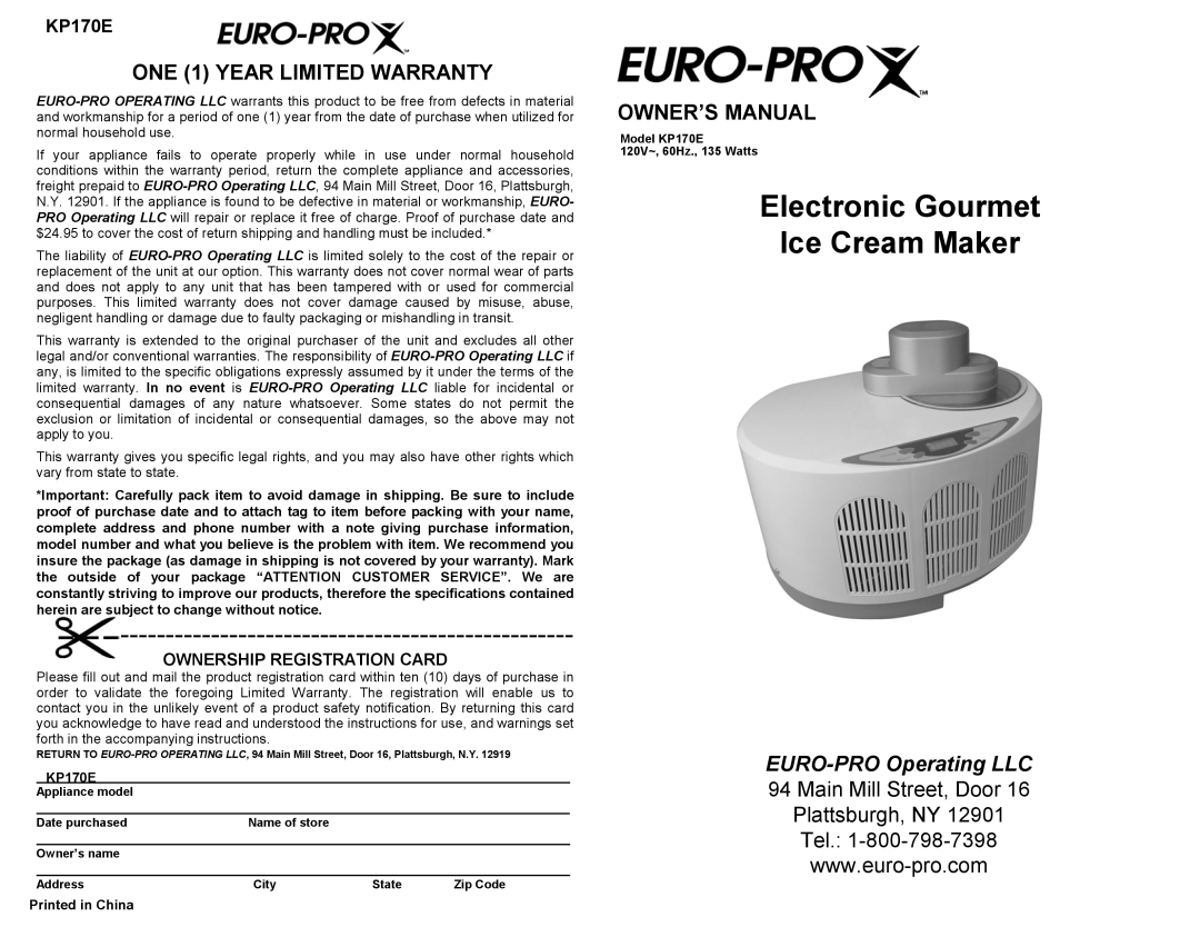 Euro-Pro KP170E owner manual Electronic Gourmet Ice Cream Maker, ONE 1 YEAR LIMITED WARRANTY, EURO-PROOperating LLC 