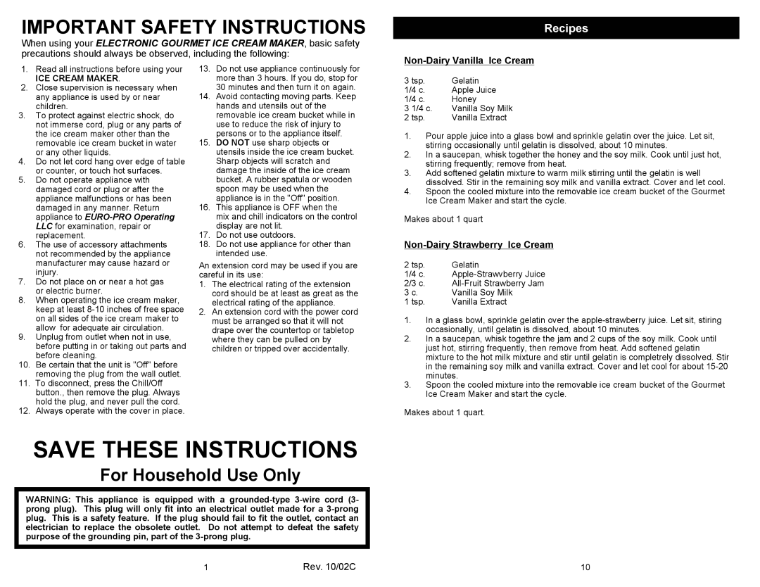 Euro-Pro KP170E Important Safety Instructions, Recipes, Non-DairyVanilla Ice Cream, Non-DairyStrawberry Ice Cream 