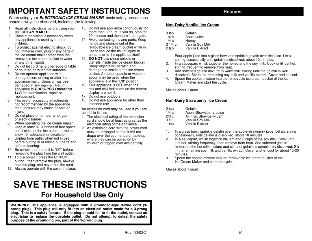 Euro-Pro KP170H owner manual Recipes, Non-Dairy Vanilla Ice Cream, Non-Dairy Strawberry Ice Cream, Rev /03C 