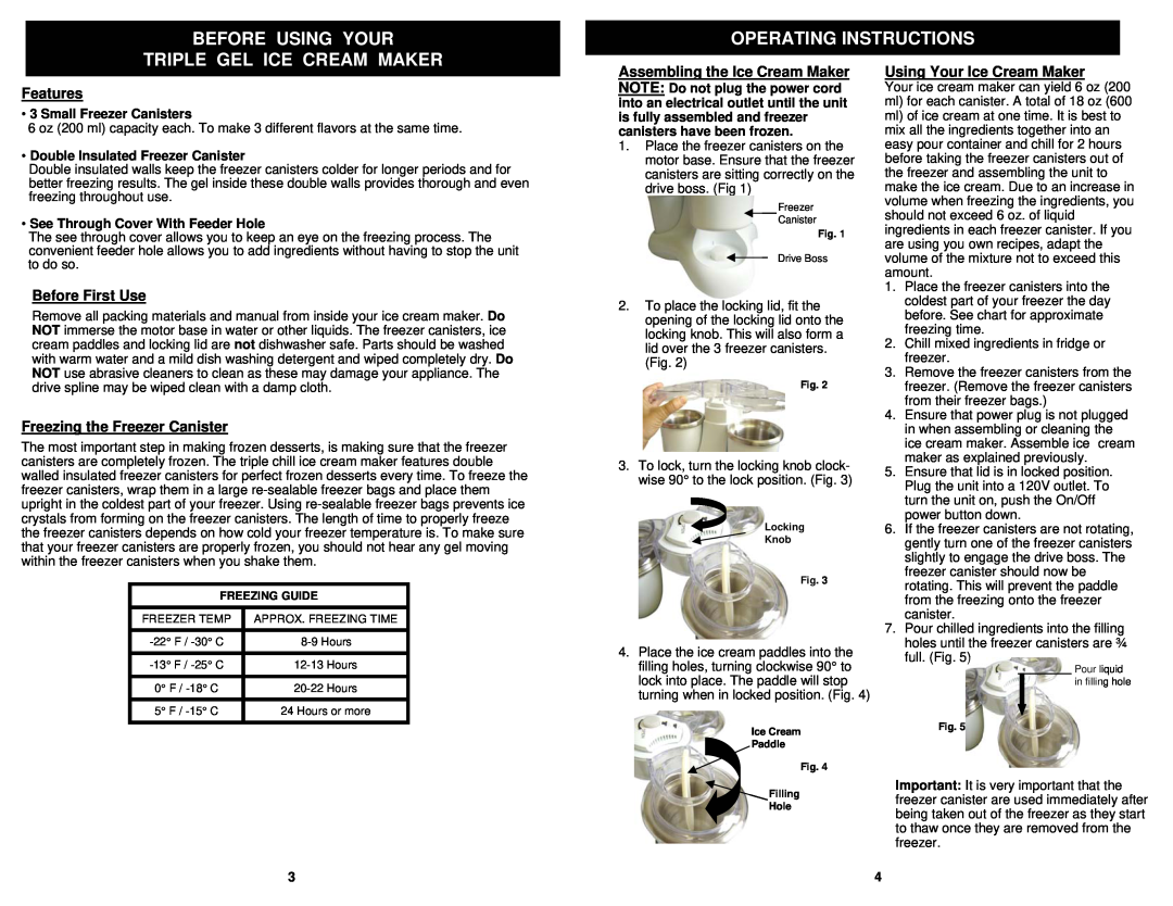 Euro-Pro KP300 Before Using Your, Operating Instructions, Triple Gel Ice Cream Maker, Features, Before First Use 