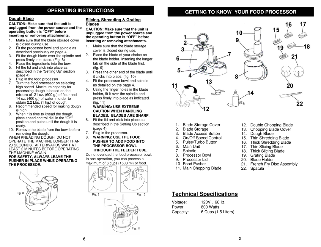 Euro-Pro KP80S Technical Specifications, Operating Instructions Getting to Know Your Food Processor, Dough Blade 