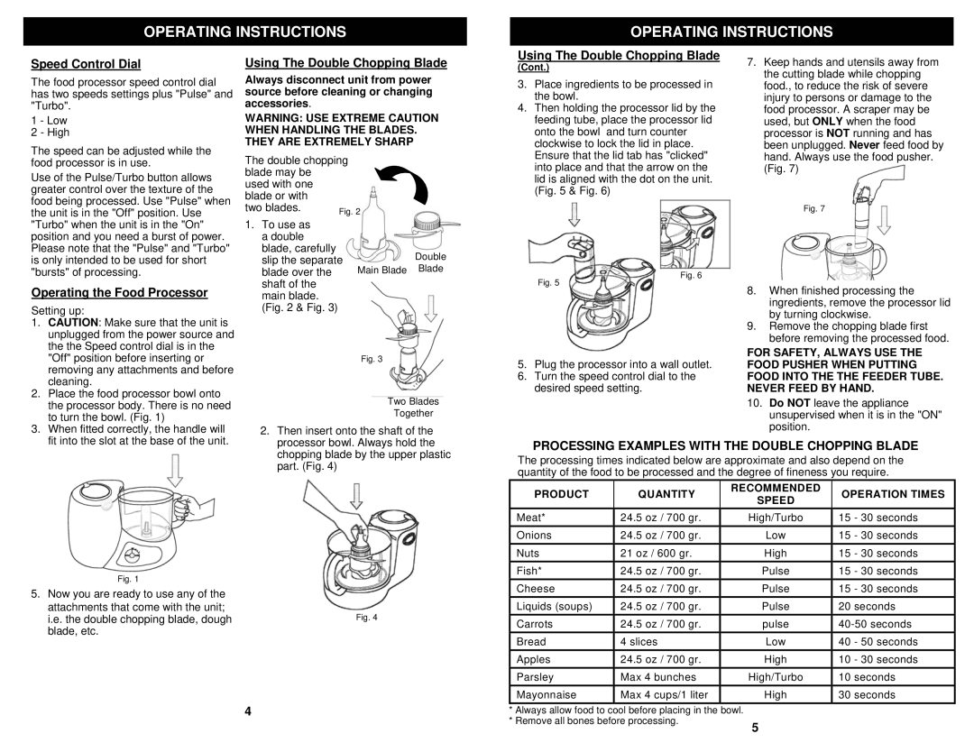 Euro-Pro KP80S owner manual Speed Control Dial, Using The Double Chopping Blade, Operating the Food Processor 