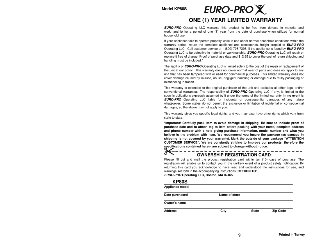 Euro-Pro owner manual Model KP80S, ONE 1 YEAR LIMITED WARRANTY, Ownership Registration Card 