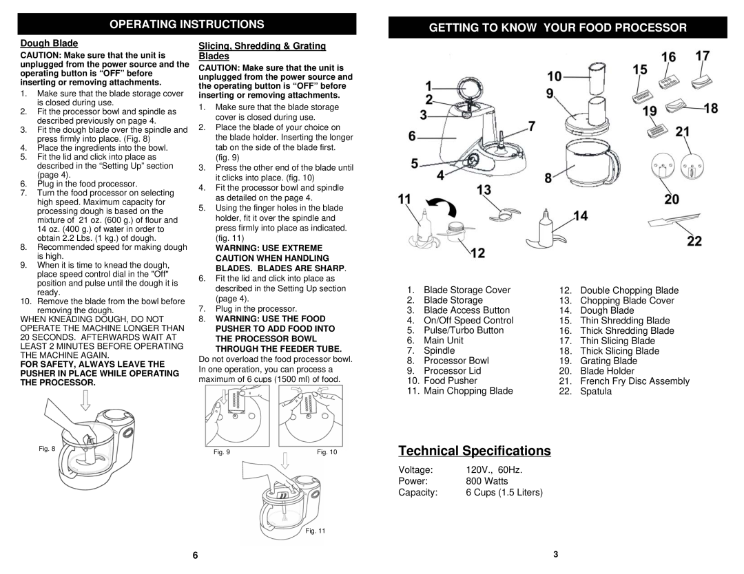 Euro-Pro KP80S Technical Specifications, Getting To Know Your Food Processor, Dough Blade, Operating Instructions 