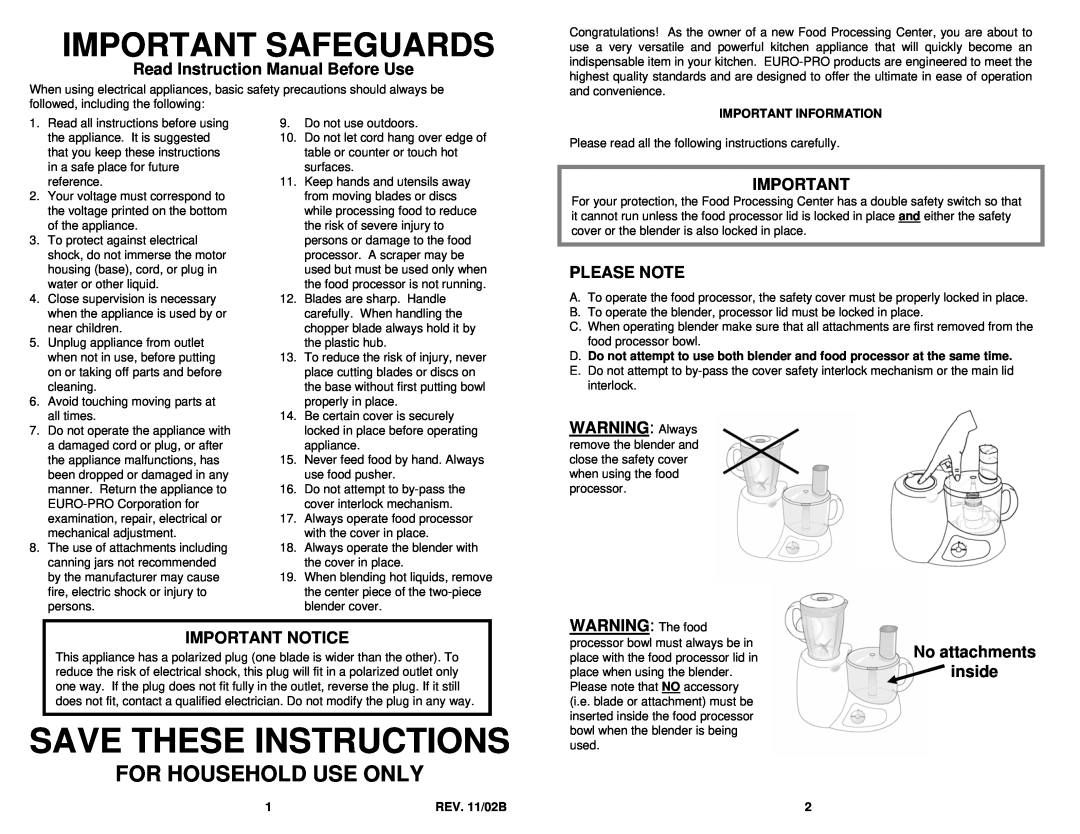 Euro-Pro KP81E Important Safeguards, Save These Instructions, For Household Use Only, Please Note, WARNING Always 