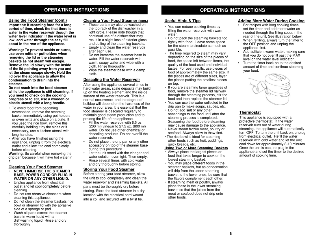 Euro-Pro KS315 Cleaning Your Food Steamer, Descaling the Water Reservoir, Storing Your Food Steamer, Useful Hints & Tips 