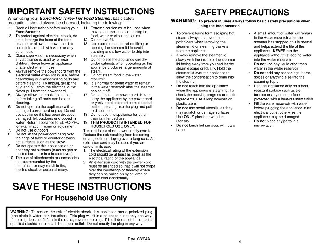 Euro-Pro KS315 owner manual Save These Instructions, Rev. 08/04A, Important Safety Instructions, Safety Precautions 