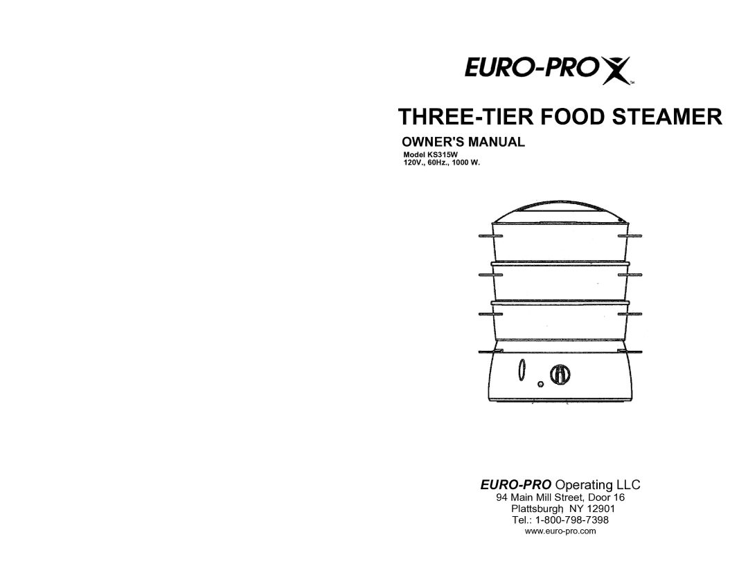 Euro-Pro KS315W owner manual THREE-TIER Food Steamer 