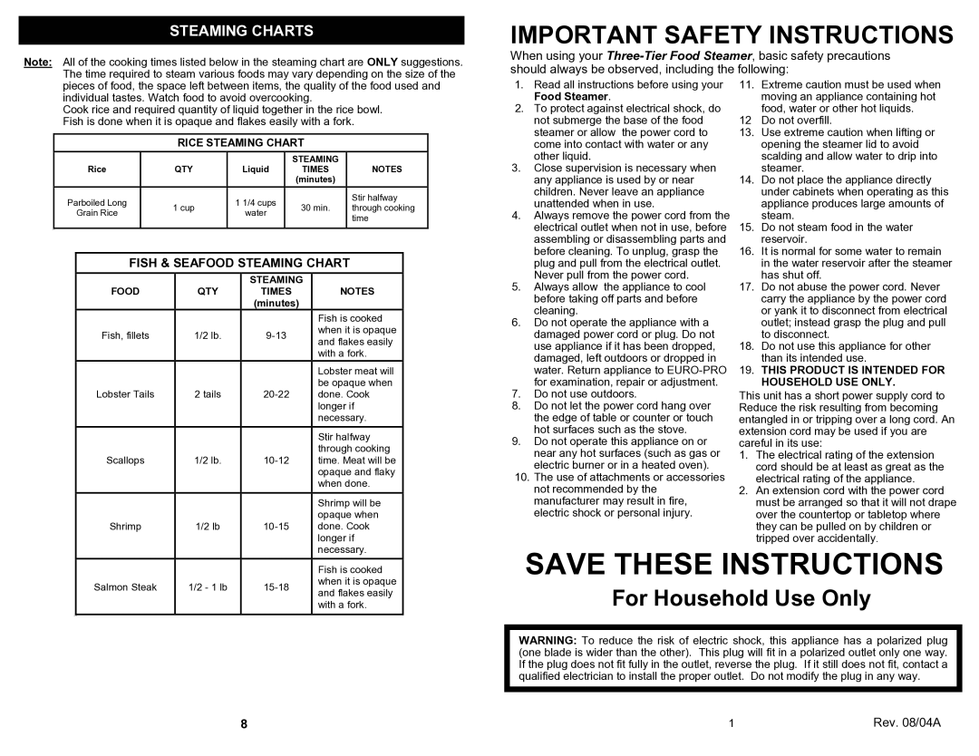 Euro-Pro KS315W Important Safety Instructions, Rice Steaming Chart, This Product is Intended for Household USE only 