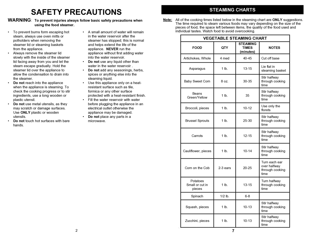 Euro-Pro KS315W owner manual Safety Precautions, Vegetable Steaming Chart 