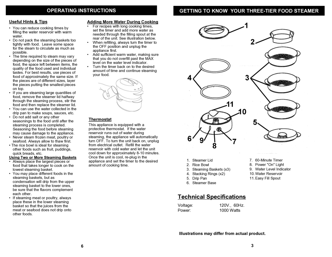 Euro-Pro KS315W owner manual Useful Hints & Tips, Adding More Water During Cooking, Thermostat 