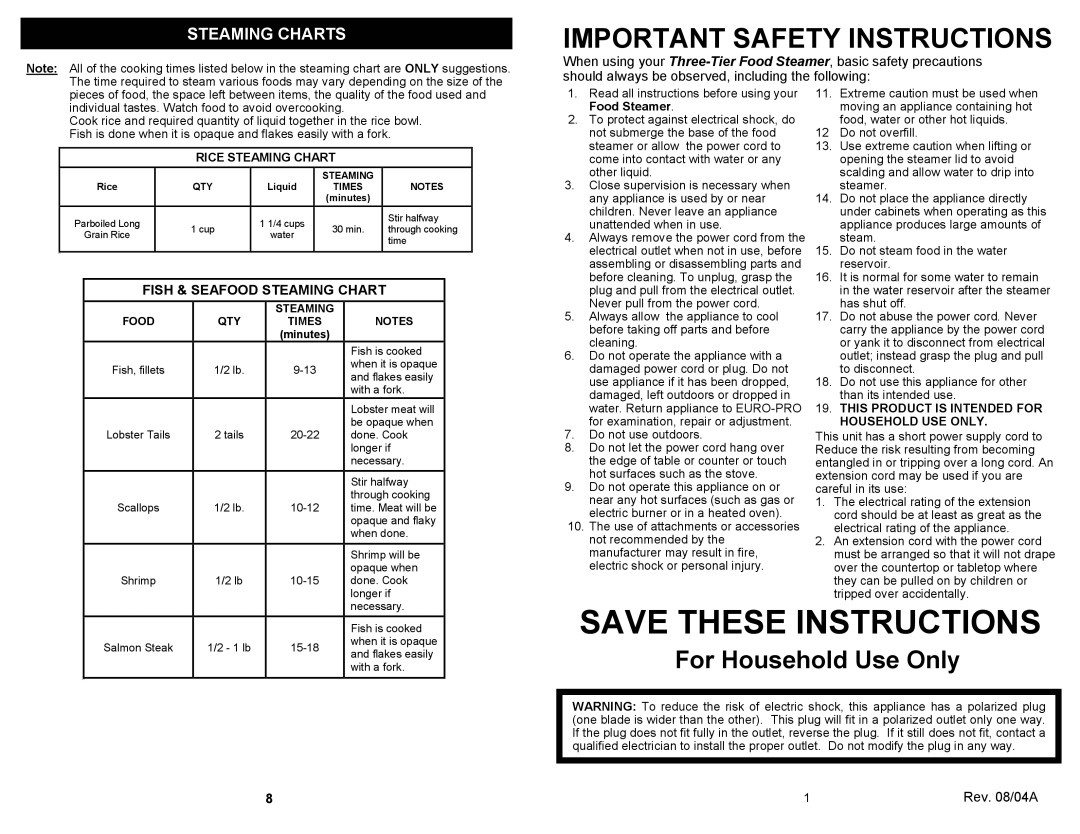 Euro-Pro KS315W owner manual Save These Instructions, Important Safety Instructions, Steaming Charts, Rev. 08/04A 