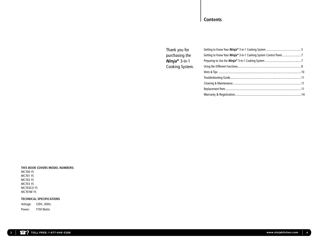 Euro-Pro MC700 15    15, MC703CO 15, MC702 15, MC703 15, MC701W 15, MC701 15 manual Contents 