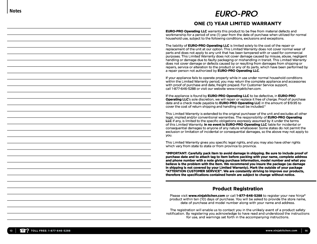 Euro-Pro MC703 15, MC703CO 15, MC702 15, MC700 15    15, MC701W 15, MC701 15 ONE 1 YEAR LIMITED WARRANTY, Product Registration 