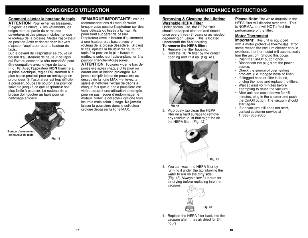 Euro-Pro NV30 Consignes D’UTILISATION Maintenance Instructions, Removing & Cleaning the Lifetime Washable Hepa Filter 