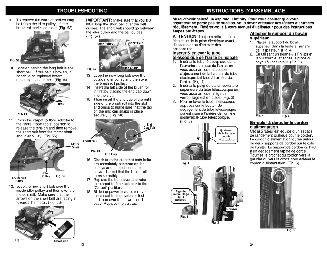 Euro-Pro NV30 owner manual Troubleshooting Instructions D’ASSEMBLAGE, Enrouler & dérouler le cordon d’alimentation 