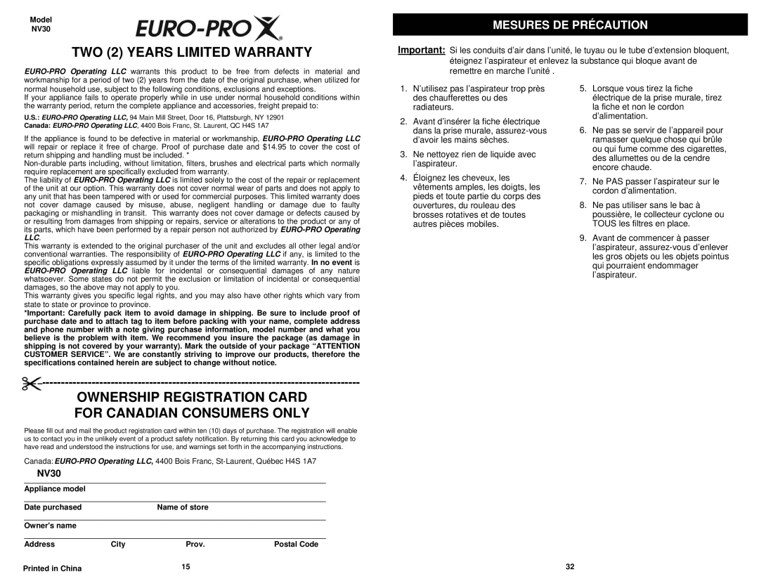 Euro-Pro NV30 owner manual Mesures DE Précaution 