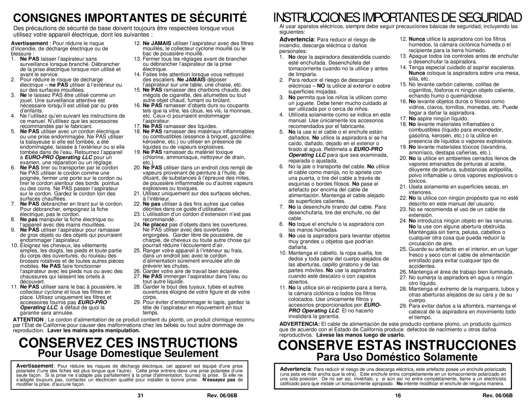 Euro-Pro NV30 owner manual Conservez CES Instructions 