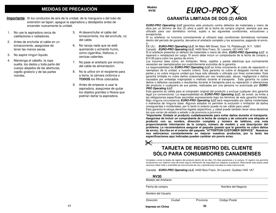 Euro-Pro NV30 owner manual Medidas DE Precaución, Garantía Limitada DE DOS 2 Años 