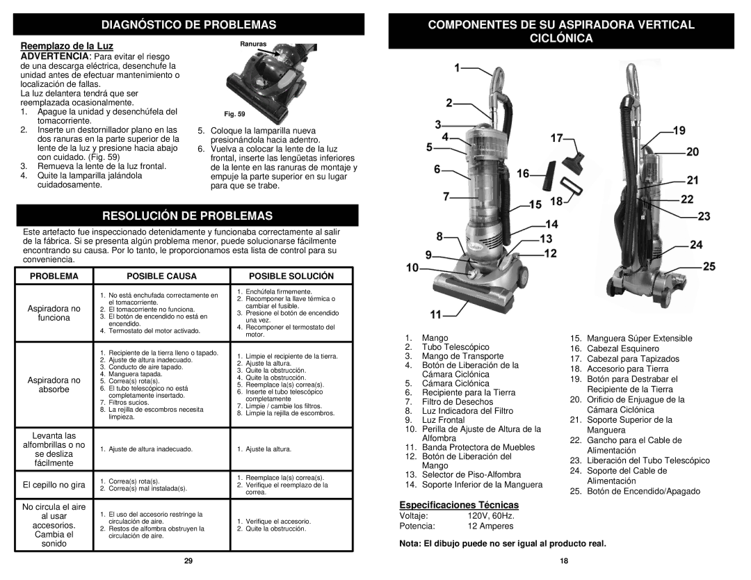 Euro-Pro NV30 owner manual Ciclónica Resolución DE Problemas, Especificaciones Técnicas, Voltaje 120V, 60Hz Potencia 