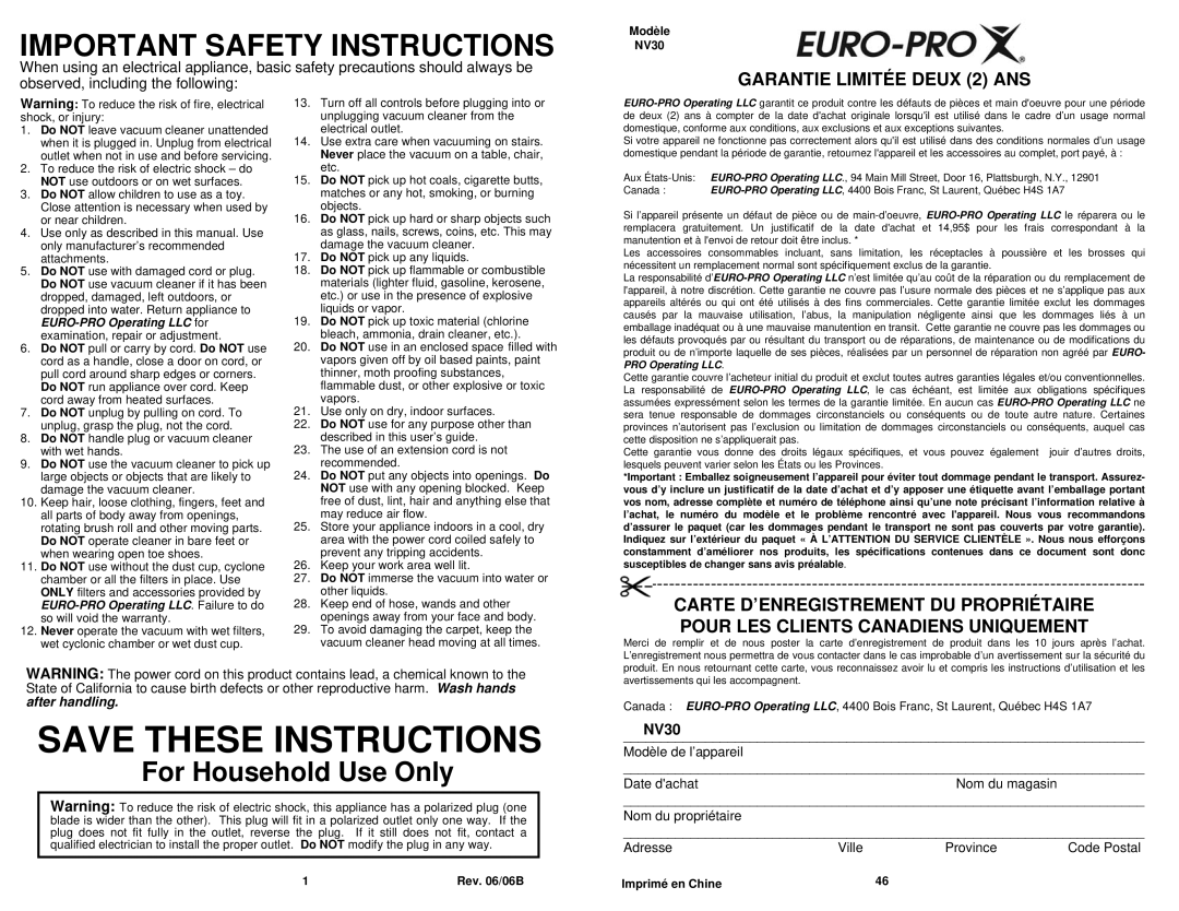 Euro-Pro NV30 owner manual Important Safety Instructions 