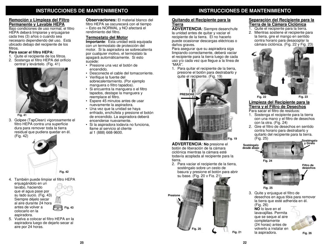 Euro-Pro NV30 owner manual Instrucciones DE Mantenimiento, Remoción y Limpieza del Filtro Permanente y Lavable Hepa 