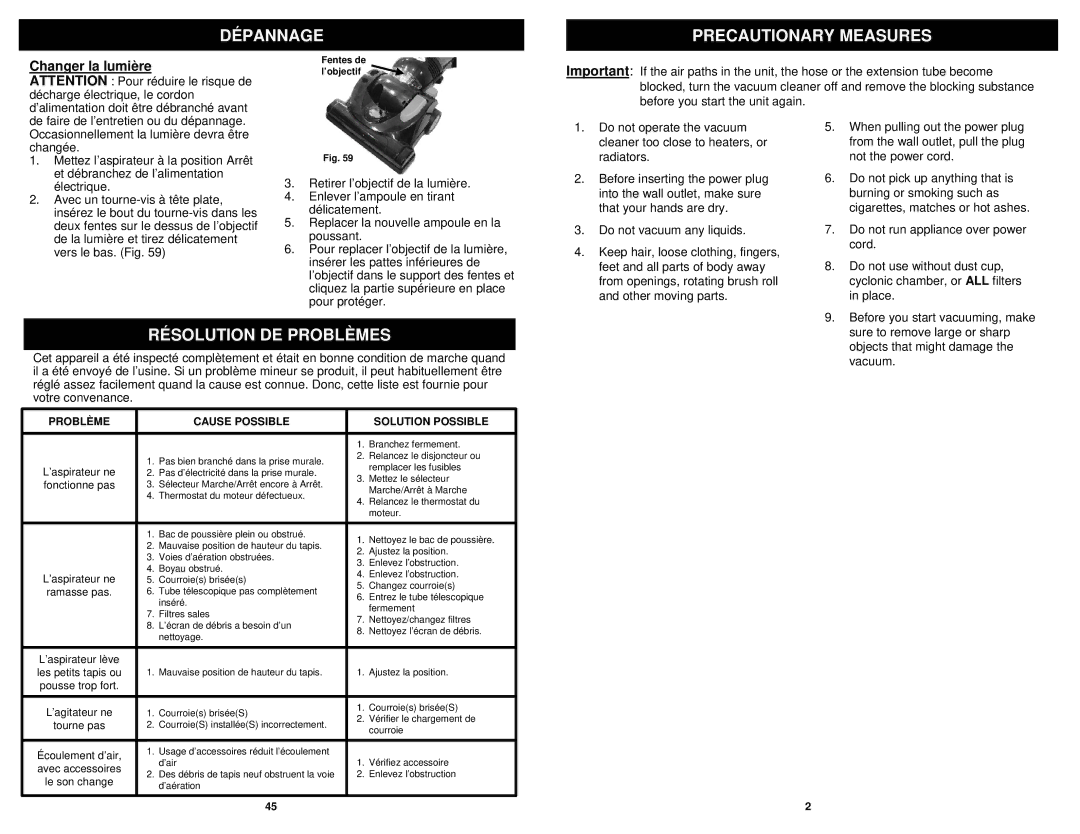 Euro-Pro NV30 owner manual Dépannage Precautionary Measures, Résolution DE Problèmes, Changer la lumière 