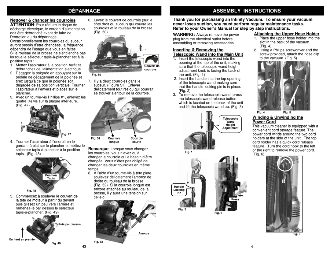 Euro-Pro NV30 owner manual Dépannage Assembly Instructions, Inserting & Removing the Telescopic Wand into the Main Unit 