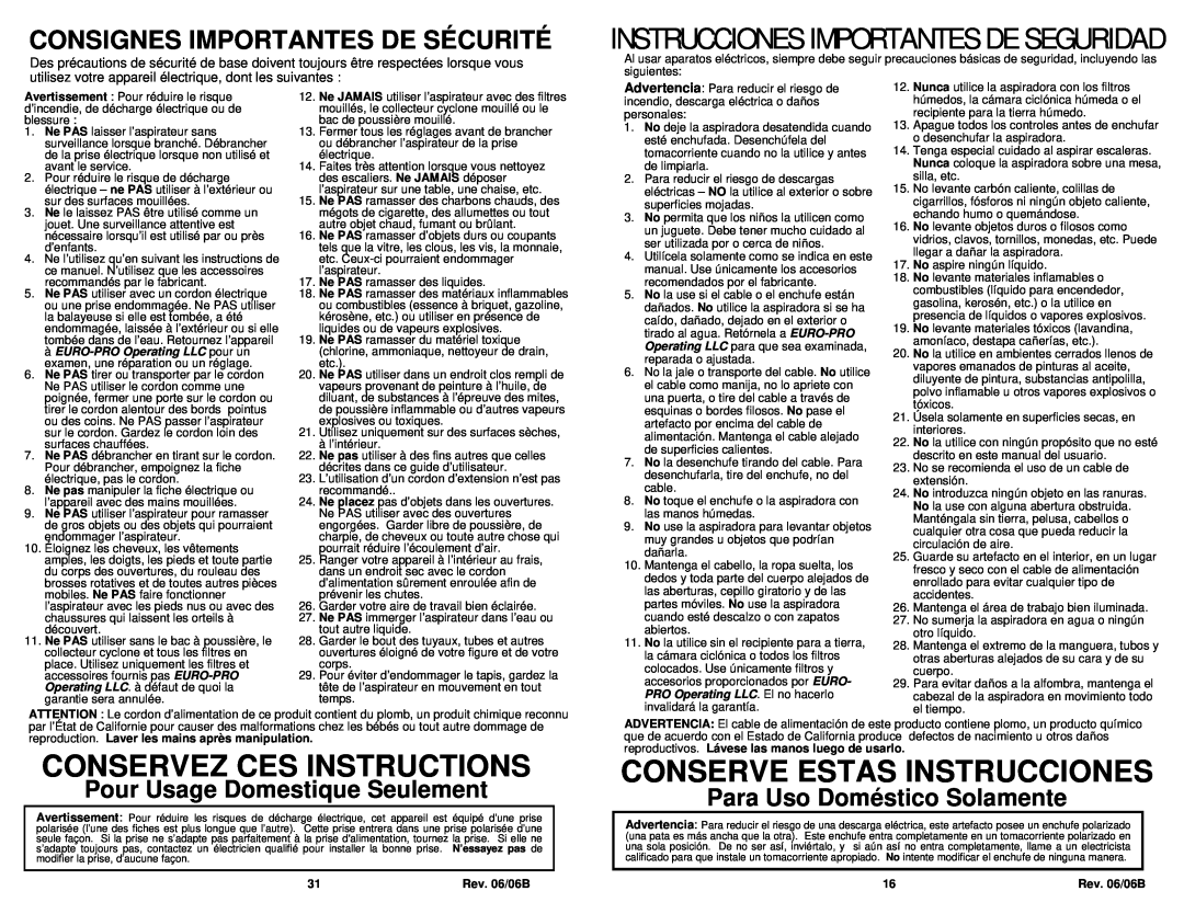 Euro-Pro NV30 owner manual Conservez Ces Instructions, Conserve Estas Instrucciones, Instrucciones Importantes De Seguridad 