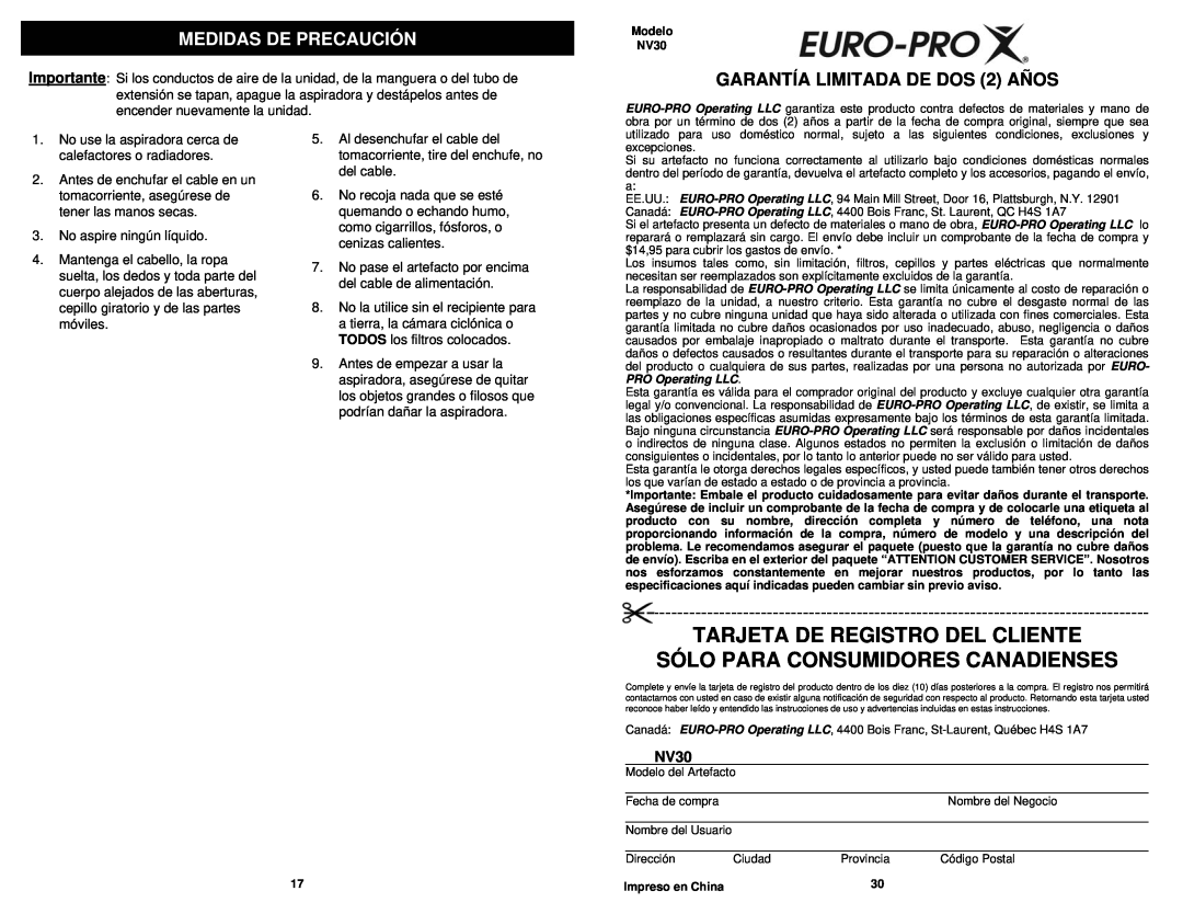 Euro-Pro NV30 owner manual Tarjeta De Registro Del Cliente Sólo Para Consumidores Canadienses, Medidas De Precaución 